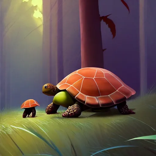 Prompt: Goro Fujita a portrait a cute turtle walking very happy with her baby through the jungle, painting by Goro Fujita, sharp focus, highly detailed, ArtStation