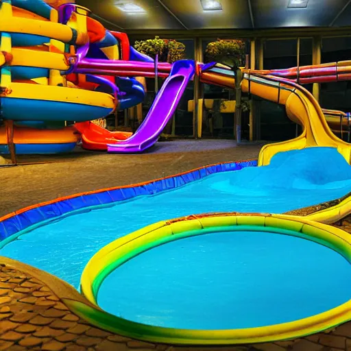 Image similar to dark, empty indoor children's water park with slides and other water features, night time, no lights, liminal space