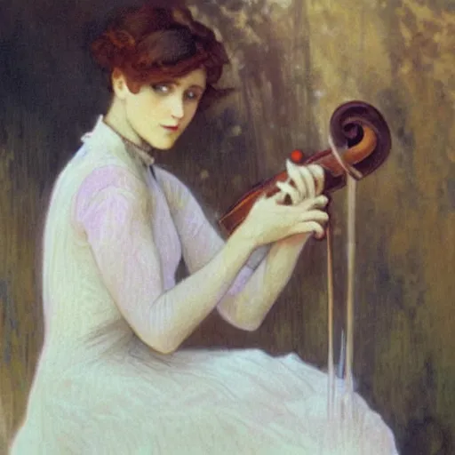 Image similar to A young edwardian woman wearing a white dress, holding a violin in her hands, in the style of mucha