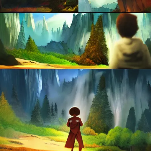 Prompt: bob ross comic book scene of an epic adventure through time, cinematic, realistic, beautiful scenery, matte painting, highly detailed, octane render, unreal engine, volumetric lighting