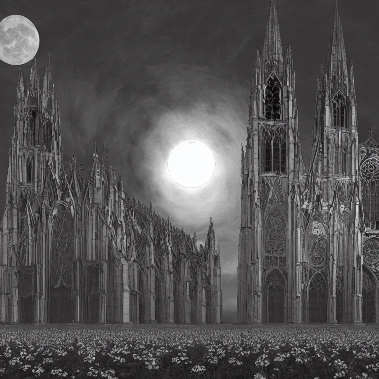 Image similar to A Gothic cathedral in a field of flowers, A huge red moon shines over the earth in the style of gustav doré.highly realistic, hyper detailed,cinematic,4k,digital art,unreal engine 5,epic lighting