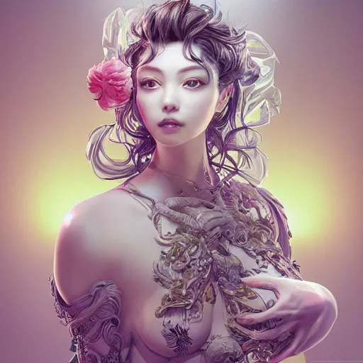 Image similar to the portrait of a sensual lemon that resembles an absurdly beautiful, graceful, elegant gravure idol covering herself, an ultrafine hyperdetailed illustration by kim jung gi, irakli nadar, intricate linework, bright colors, octopath traveler, final fantasy, unreal engine 5 highly rendered, global illumination, radiant light, detailed and intricate environment