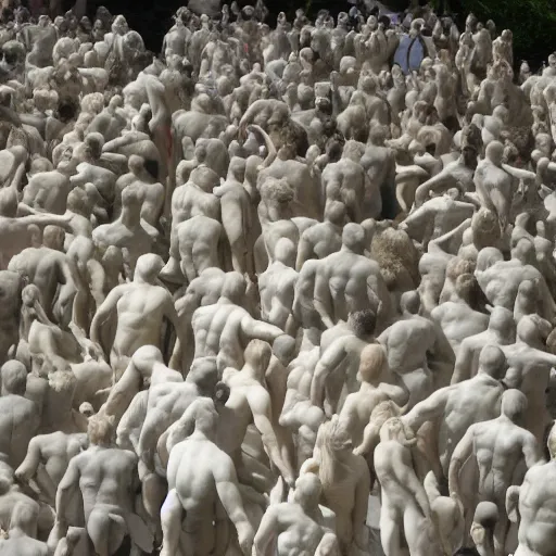 Image similar to hundreds of humans. A sea of humans. interconnected flesh. Crowdcrush. Many humans intertwined and woven together. Bodies and forms amesh. Sculpture by Auguste Rodin.