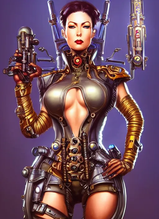 Image similar to front portrait of attractive Lady Mechanika standing while holding futuristic guns that wrap their arms, Intrincate steampunk imagery , D&D!, fantasy style, sharp focus!, ultra detailed, art by Artgerm and Peter Andrew Jones, WLUP