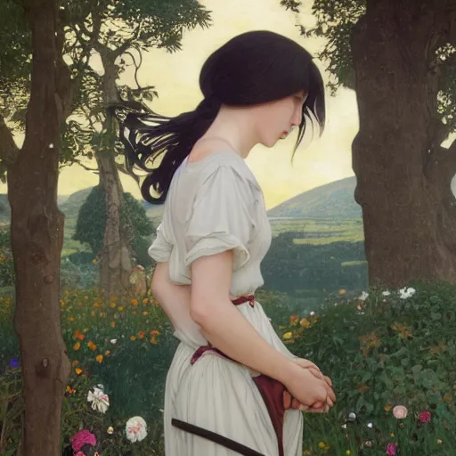 Image similar to A young woman with black long hair and ponytail hairstyle in shorts and white shirt and chucks drawn by Donato Giancola and Makoto Shinkai, Edmund Leighton, Alphonse Mucha, background by James Jean and Gustav Klimt, 4k, porcelain skin, volumetric lighting, komorebi, french nouveau, trending on artstation, octane render, hyperrealistic