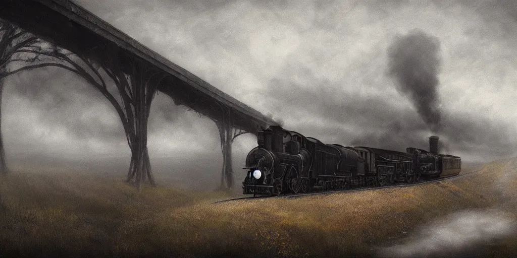 Prompt: an old steam train, steam, bridge by Aron Wiesenfeld and beksincki, cinematic, detailed illustration, nature, fog, dark colors, suspense, intricate, 8k