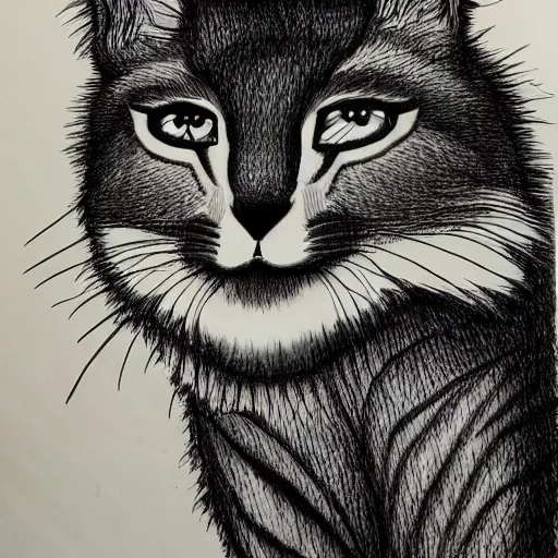 Image similar to cute fluffy caracal, black ink on paper, trending on artstation, beautiful, intricate, detailed