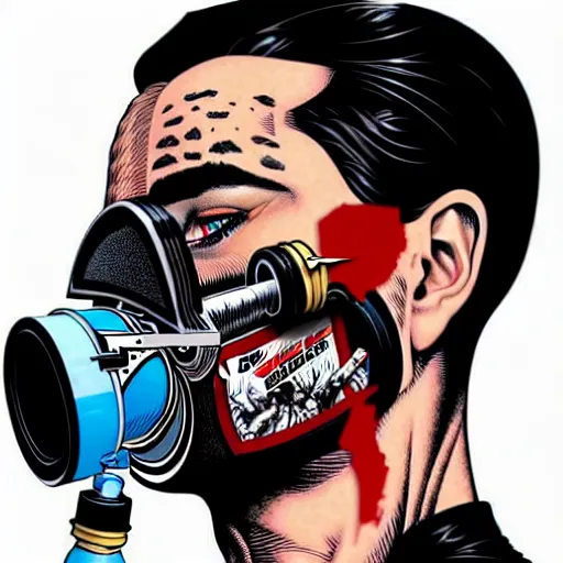 Image similar to a profile photo of an evil man with a diving oxygen mask with side profile blood in ocean intricate details by MARVEL comics and Sandra Chevrier-C