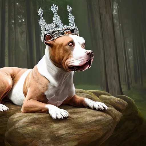 Prompt: digital painting of a majestic forrest with soft ambient light where a brown and white pitbull sits on top of a rock wearing a large crown of diamonds