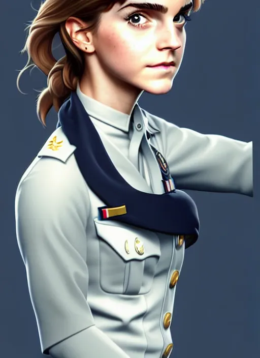 Image similar to cute navy officer emma watson, natural lighting, path traced, highly detailed, high quality, digital painting, by don bluth and ross tran and studio ghibli and alphonse mucha, artgerm