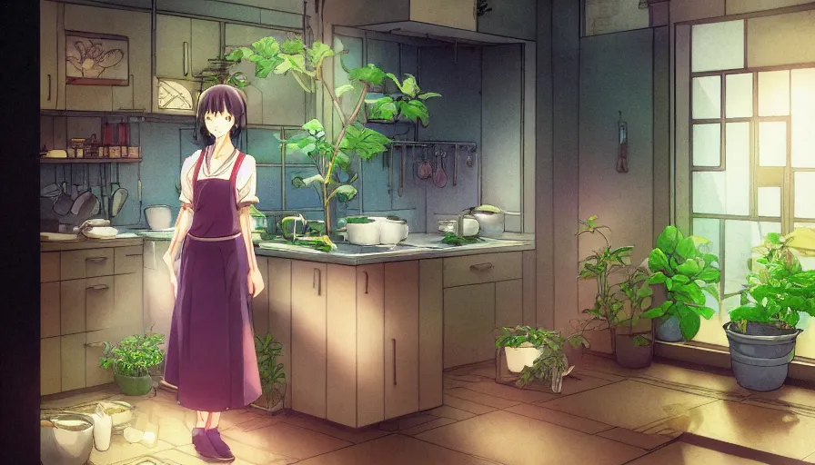 Image similar to a woman standing in a kitchen next to a plant, a storybook illustration by kiyohara tama, pixiv contest winner, magic realism, pixiv, official art, anime aesthetic