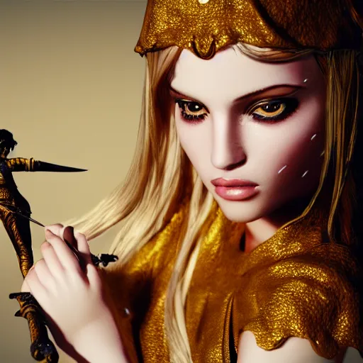 Prompt: beaitiful model girl photorealistic : with golden top in metal : meny ornaments : holding a sword : low light