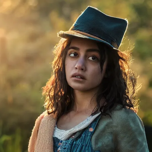 Image similar to beautiful close - up shot of angela saraphian as clementine in westwold who looks into the distance, beautiful natural light, golden hour, focus on her face, photorealistic, fujifilm x - pro 2, by annie leibowitz