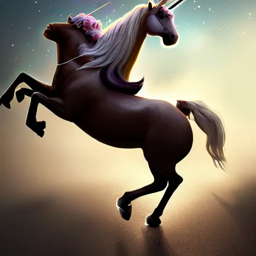 Image similar to obama riding on a unicorn, au naturel, hyper detailed, digital art, trending in artstation, cinematic lighting, studio quality, smooth render, unreal engine, octane rendered, art style,