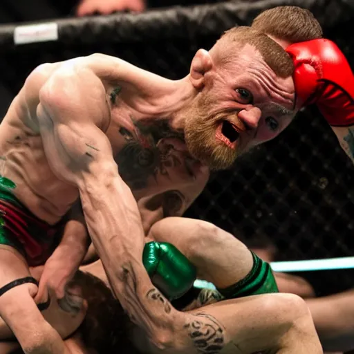 Image similar to gollum smeagol wrestling with conor mcgregor, ultra detailed, ultra realistic