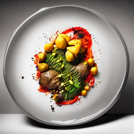 Image similar to a plate with disgusting, but futuristic food, professional food photography