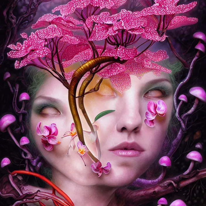 Image similar to extremely psychedelic fetus made of orchid and cherry blossom tree and mushroom, LSD, diffuse lighting, fantasy, intricate, elegant, highly detailed, lifelike, photorealistic, digital painting, artstation, illustration, concept art, smooth, sharp focus, art by John Collier and Albert Aublet and Krenz Cushart and Artem Demura and Alphonse Mucha