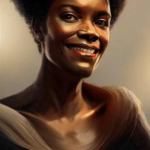 Prompt: Portrait of a woman by Greg Rutkowski, she is about 30 years old, mulato, afro hair, attractive, beautiful smile, beautiful look, she is wearing a futuristic lawyer outfit, highly detailed portrait, scifi, digital painting, artstation, concept art, smooth, sharp foccus ilustration, Artstation HQ