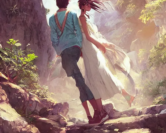 Image similar to a cinematic boy girl traditional romance moment, exploring the caves boho clothing, full body illustration, bestselling movie art poster, official media, 1970s fashion, dynamic lighting official anime media, incredible art by artgerm and greg rutkowski