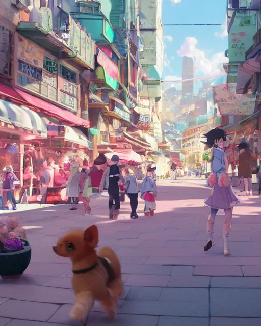 Prompt: a tiny dog with pink fur walking through a crowded street filled with bodegas and food vendors, kids playing checkers, Anime. Soft lighting, 8K, octane render. By Makoto Shinkai, Stanley Artgerm Lau, WLOP, Rossdraws, James Jean, Andrei Riabovitchev, Marc Simonetti, krenz cushart, Sakimichan, D&D trending on ArtStation, digital art.