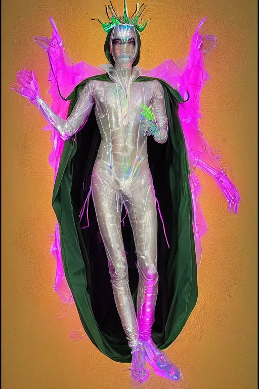 Prompt: full-body rococo and cyberpunk delicate neon crystalline sculpture of (((muscular slender Spanish male))) as an iridescent humanoid deity wearing a thin see-through ((plastic hooded cloak)) sim roupa, reclining con (las piernas abiertas), glowing pink face, crown of (((white lasers))), large diamonds, swirling black silk fabric. futuristic elements. oozing glowing liquid, full-length view. space robots. (((human skulls))). throne made of bones, intricate artwork by caravaggio. Trending on artstation, octane render, cinematic lighting from the right, hyper realism, octane render, 8k, depth of field, 3D