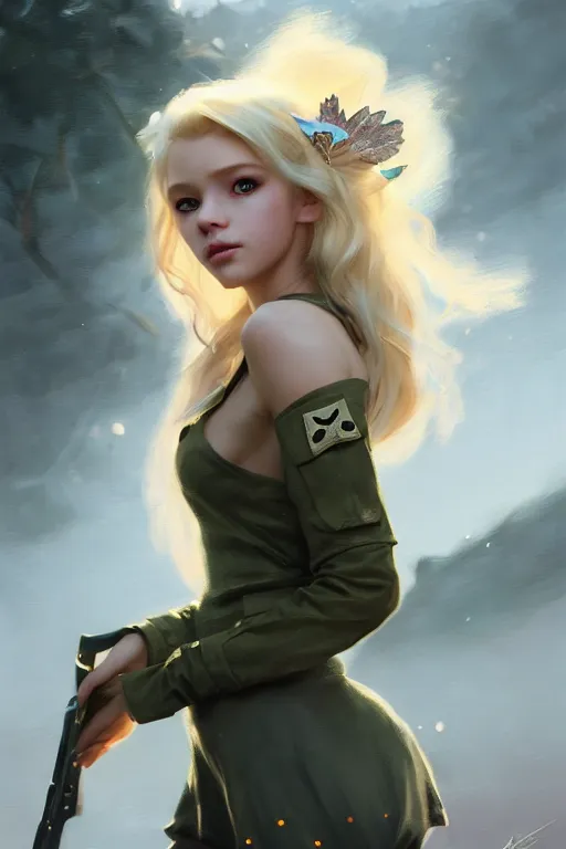 Image similar to cinematic shot of an epic portrait of a cute blonde fairy dressed in military clothes, stylised military clothes, shiny skin, beautiful eyes, beautiful, small details, night setting, realistic poster with volumetric light from craig mallism, artgerm, jeremy lipkin and michael garmash, unreal engine, radiant light, digital art, trends at art station, a masterpiece