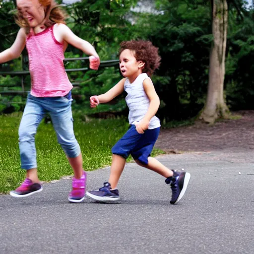 Prompt: A young boy is chasing after a young girl outside