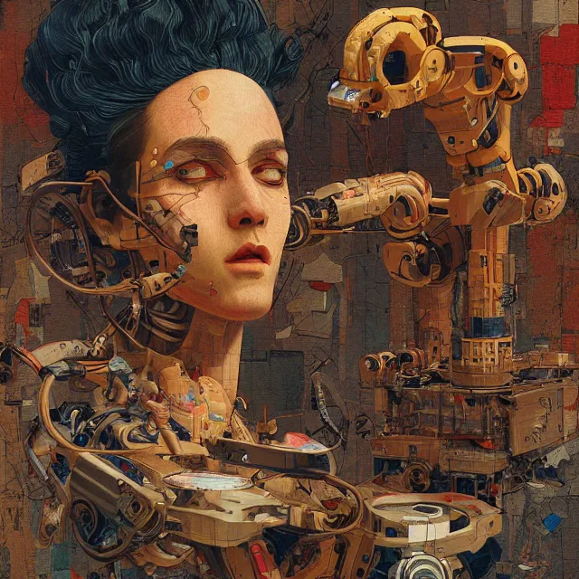 Image similar to robot artist painting a self - portrait on a canvas. intricate, highly detailed, digital matte painting, in the style of alexandros pyromallis, and in the style of sachin teng, and in the style of hans thoma, and in the style of gerald brom. irony, recursion, inspiration.