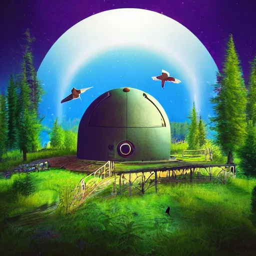 Image similar to round sci-fi building in a forested valley with birds, sense of hope, daytime, bright sky, digital art, art station, extremely detailed