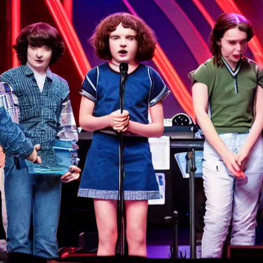 Image similar to the cast of Stranger Things playing as a band on stage