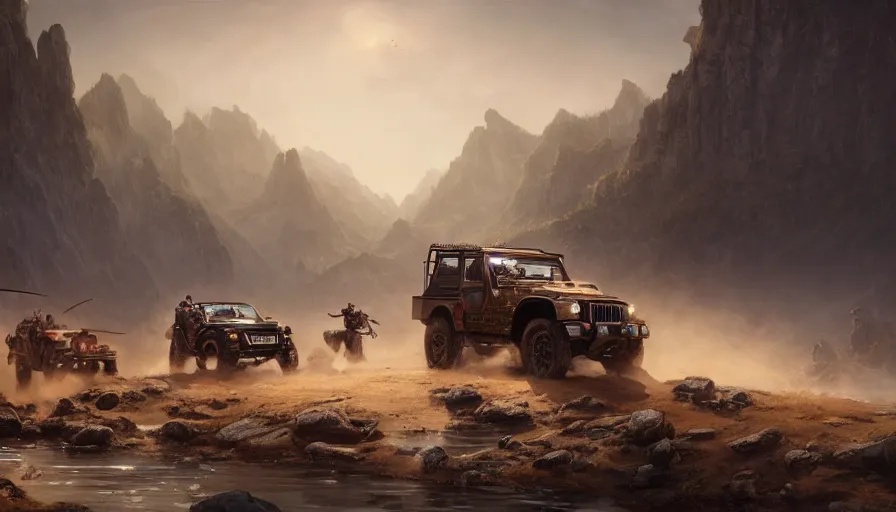 Prompt: mahindra thar, tribe members attacking, action scene, an epic fantasy, wide shot, trending on artstation, masterpiece, by greg rutkowski, by ross tran, by fenghua zhong, octane, soft render, ultrarealistic, colorful, cinematic, horizon forbidden west