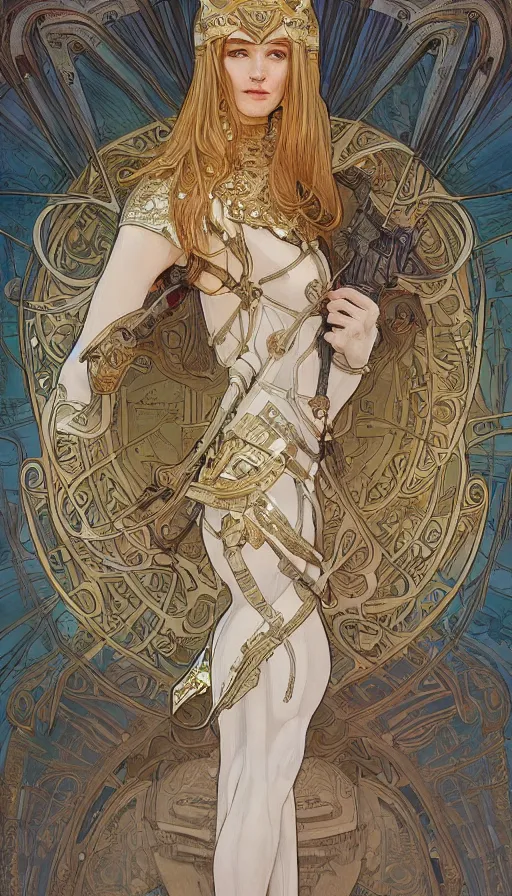 Prompt: soldiers in white armor, highly detailed, very intricate, art nouveau, gold filigree, left right symmetry, tarot concept art watercolor illustration by mandy jurgens and alphonse mucha and alena aenami, featured on artstation