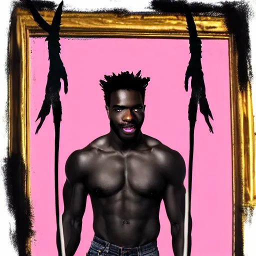 Prompt: A mirror selfie of a black handsome muscular man with white angel wings and black devil horns holding an iPhone, pitchfork, full body, pink background, abstract jean-Michel Basquiat oil painting with thick paint strokes, oil on canvas, aesthetic, y2k, intricately detailed artwork, trending on artstation