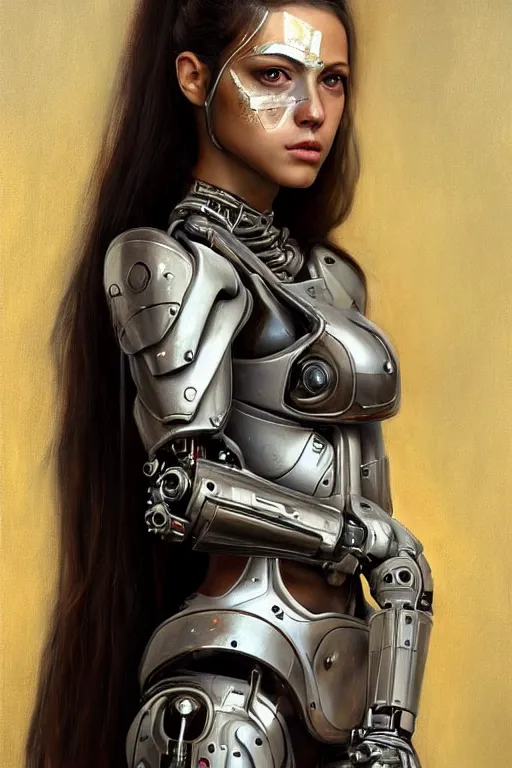 Image similar to a photorealistically painted portrait of an attractive young girl, partially clothed in cybernetic body armor, with an abstractly painted background, flawless olive skin, fair complexion, long dark hair, beautiful bone structure, perfectly symmetric facial features, perfect photorealistic eyes, natural physique, intricate, elegant, digital painting, concept art, finely detailed, beautifully illustrated, sharp focus, minimal artifacts, volumetric lighting, from Metal Gear, by Ruan Jia and Mandy Jurgens and Artgerm and William-Adolphe Bouguerea, in the style of Greg Rutkowski, trending on Artstation, award winning art