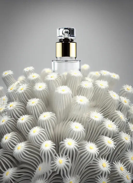 Image similar to perfume bottle standing in the center of a biomechanical white enchanted coral reef made of daisies in an ivory room well contoured smooth fair walls, up close shot, sharp focus, global illumination, radiant light, alexandre ferra white mecha, irakli nadar, octane highly render, 4 k, ultra hd,