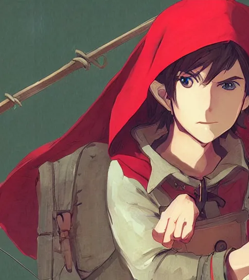 Prompt: attractive little boy character inspired in little red riding hood and link, digital artwork made by akihiko yoshida and makoto shinkai