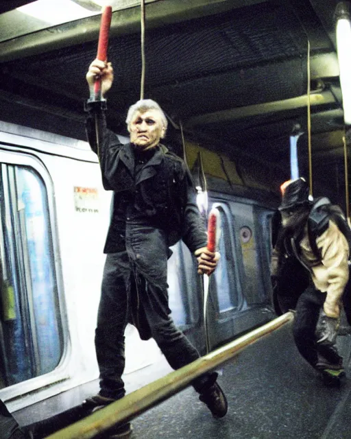 Image similar to movie villain, actor david patrick kelly, 2 5 years old, practicing with his glowing nunchucks while riding a post apocalyptic subway train filled with mutants, movie dreamscape