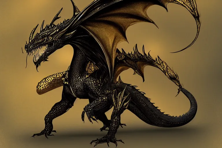 Prompt: ! dream full body digital illustration of an adult dragon of black and gold by randy vargas, bituminous design studio lighting, concept art, matte background, deviantart, artstation