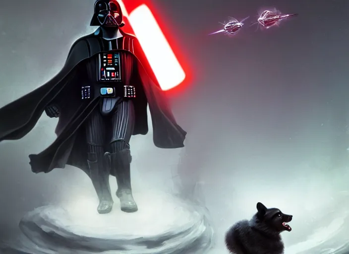 Image similar to a Photorealistic dramatic hyperrealistic render of darth vader with lightsaber drawn facing off against a calm cute corgi in battle, futuristic star wars vibe, by WLOP and Artgerm and Greg Rutkowski and Alphonse Mucha, Beautiful dynamic dramatic dark moody lighting, shadows, cinematic atmosphere, Artstation, concept design art, Octane render, 8K, masterpiece, sharp focus