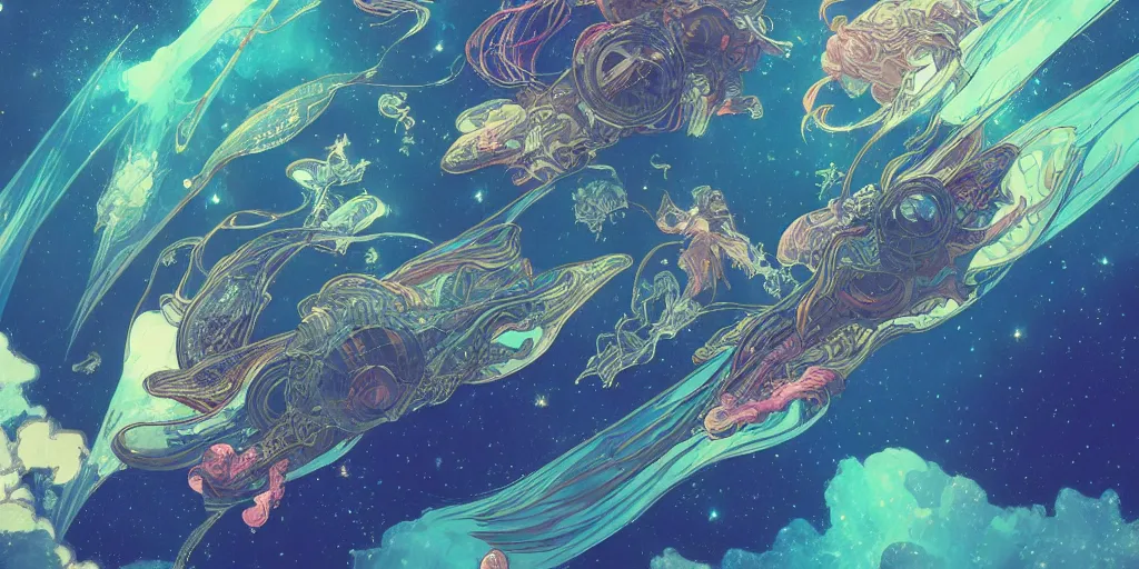 Image similar to !dream highly detailed digital of aquatic animals swimming in space, colorful nebulas , planets in the background, highly detailed, intricate design, cinematic view, 8k resolution, artstation, by Akihiko Yoshida, Alphonse Mucha, Moebius, Krenz Cushart