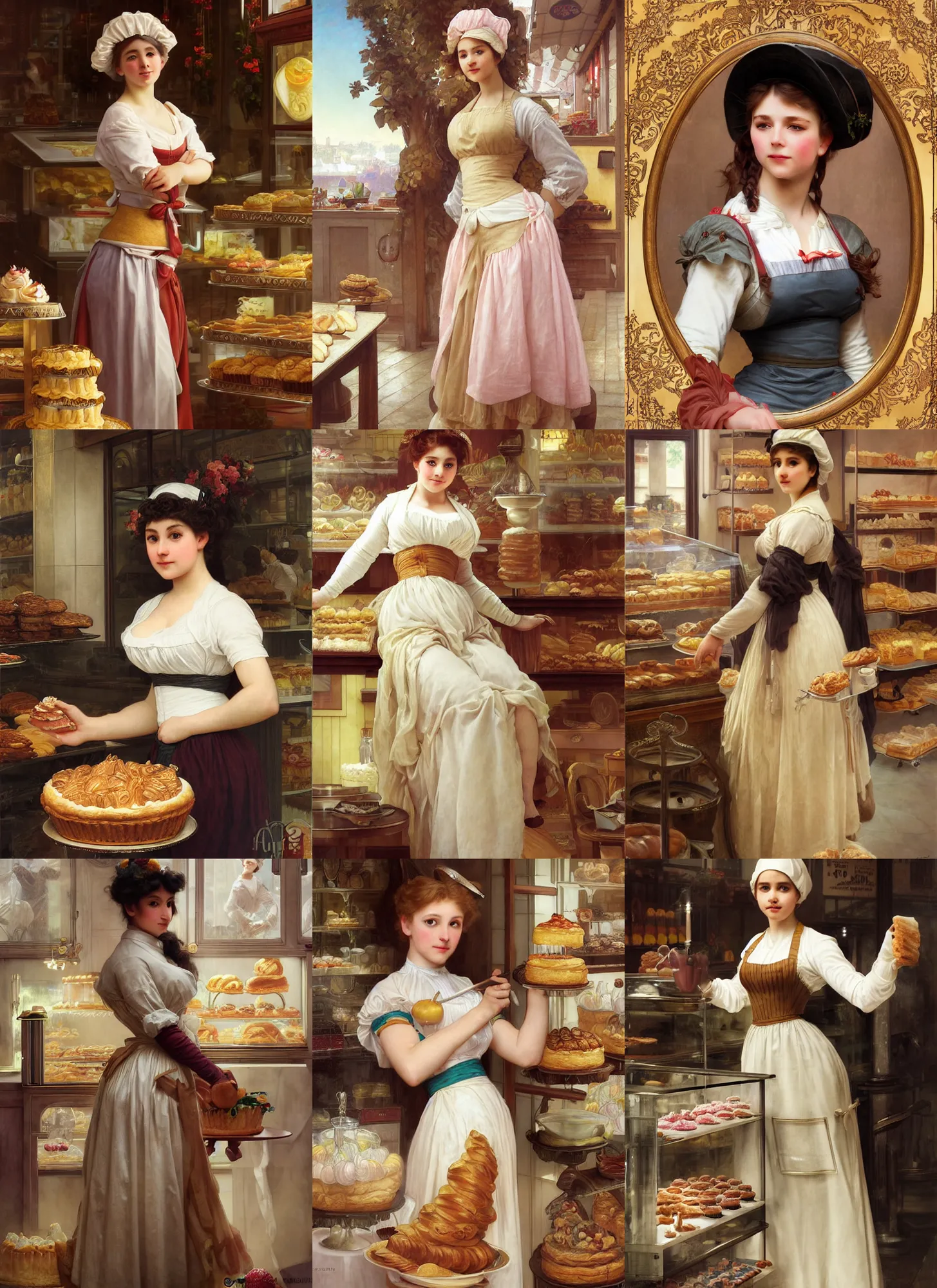 Prompt: portrait young vainona rider as confectioner in a pastry shop, full length shot, shining, 8 k highly detailed, sharp focus, illustration, art by artgerm, mucha, bouguereau