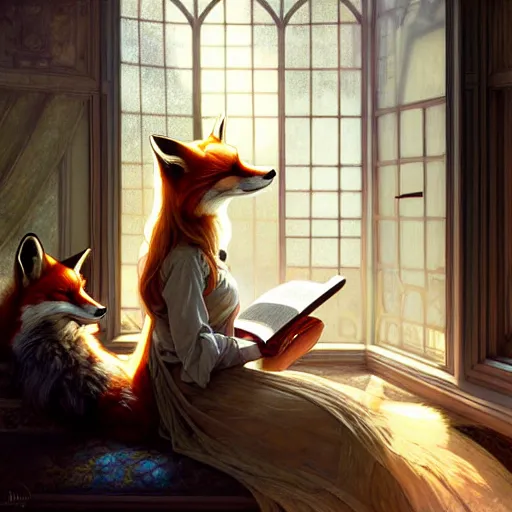 Prompt: Portrait of a girl and a fox in a cozy windowed study, reading a book while light streams in through the skylight, fantasy, intricate, elegant, highly detailed, digital painting, artstation, concept art, smooth, sharp focus, illustration, art by Krenz Cushart and Artem Demura and alphonse mucha