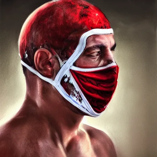 Image similar to realistic portrait photorealistic painting of bleeding young man with mask wrestler is trying to fight back. fine art, trending on artstation, smooth draw, sharp focus, digital art, bright colors.