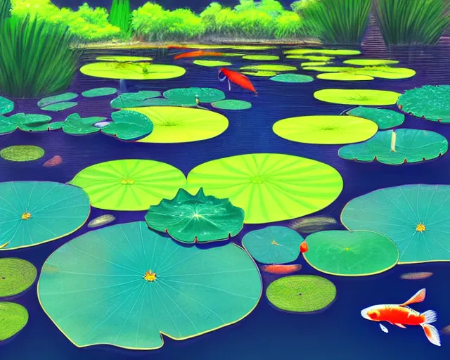 Image similar to Digital painting of koi pond, lotus flowers, dark blue water, green lily pads, goldfish, a fantasy digital painting by makoto shinkai and Alena Aenami, trending on artstation,