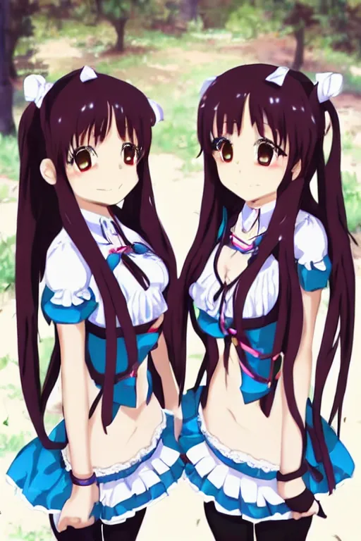 Prompt: two beautiful female idols with twin tails standing chest to chest, detailed anime art