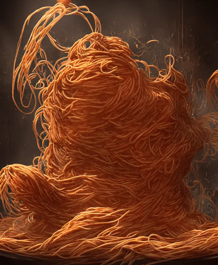 Image similar to spaghetti monster coming out of the pot, cinematic lighting, 8k, artstation