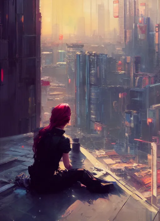 Prompt: girl sitting on a rooftop, cyberpunk, medium shot, expressive oil painting, by yoshitaka amano, by jeremy lipking, by artgerm, by wlop, digital art