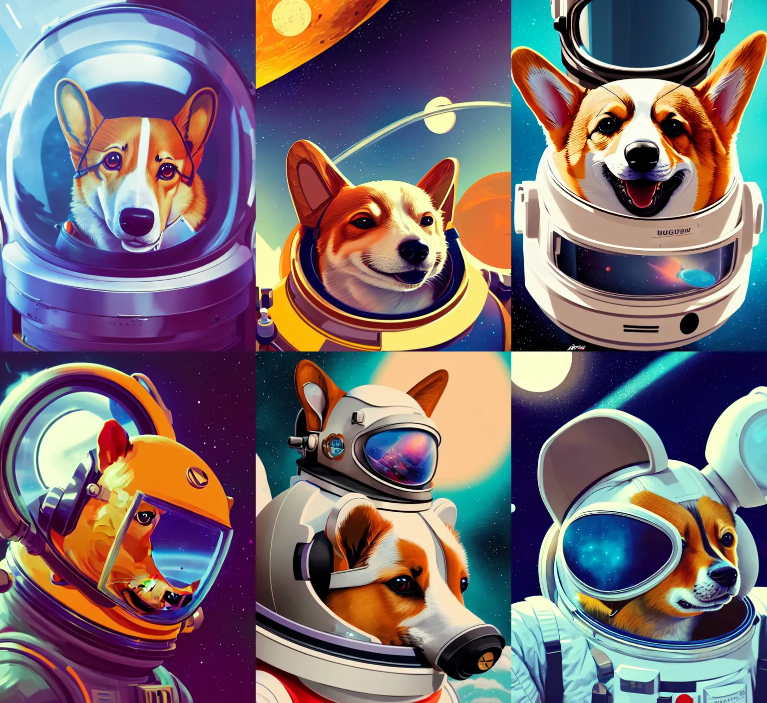 Prompt: retrofuturistic portrait of a welsh corgi in astronaut helmet, space graphics art in background, close up, wlop, dan mumford, artgerm, liam brazier, peter mohrbacher, 8 k, raw, featured in artstation, octane render, cinematic, elegant, intricate, 8 k