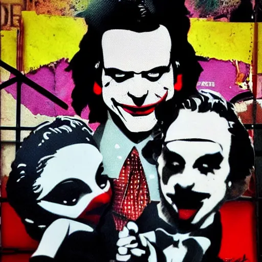 Image similar to mimmo rottela and banksy as joaquin phoenix skinny joker holding hand lady gaga harley queen, photorealistic, intricate details, pop art style, concept art, 3 colors, 4 d, smooth, sharp focus