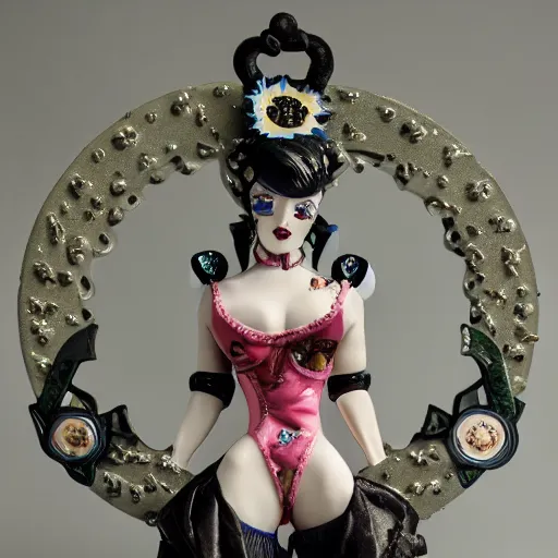 Image similar to cybergoth porcelain woman with artnouveau garment and ornaments sharp focus 8 k